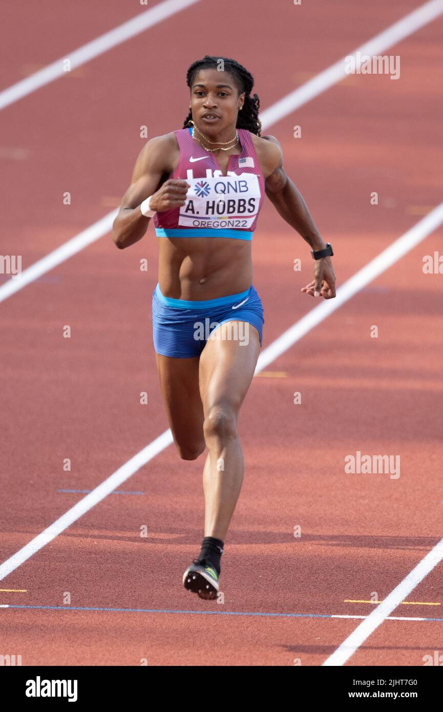 Eugene, United States Of America. 16th July, 2022. Aleia Hobbs (USA)  qualifies for the semi-finals with a time of 11.04 in the 100 meters during  the afternoon session on day 2 of