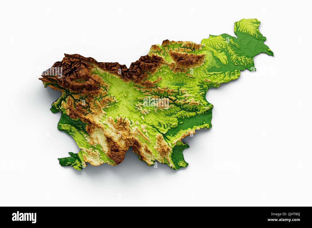 A 3D rendering of the shaded relief of Slovenia isolated on the white ...