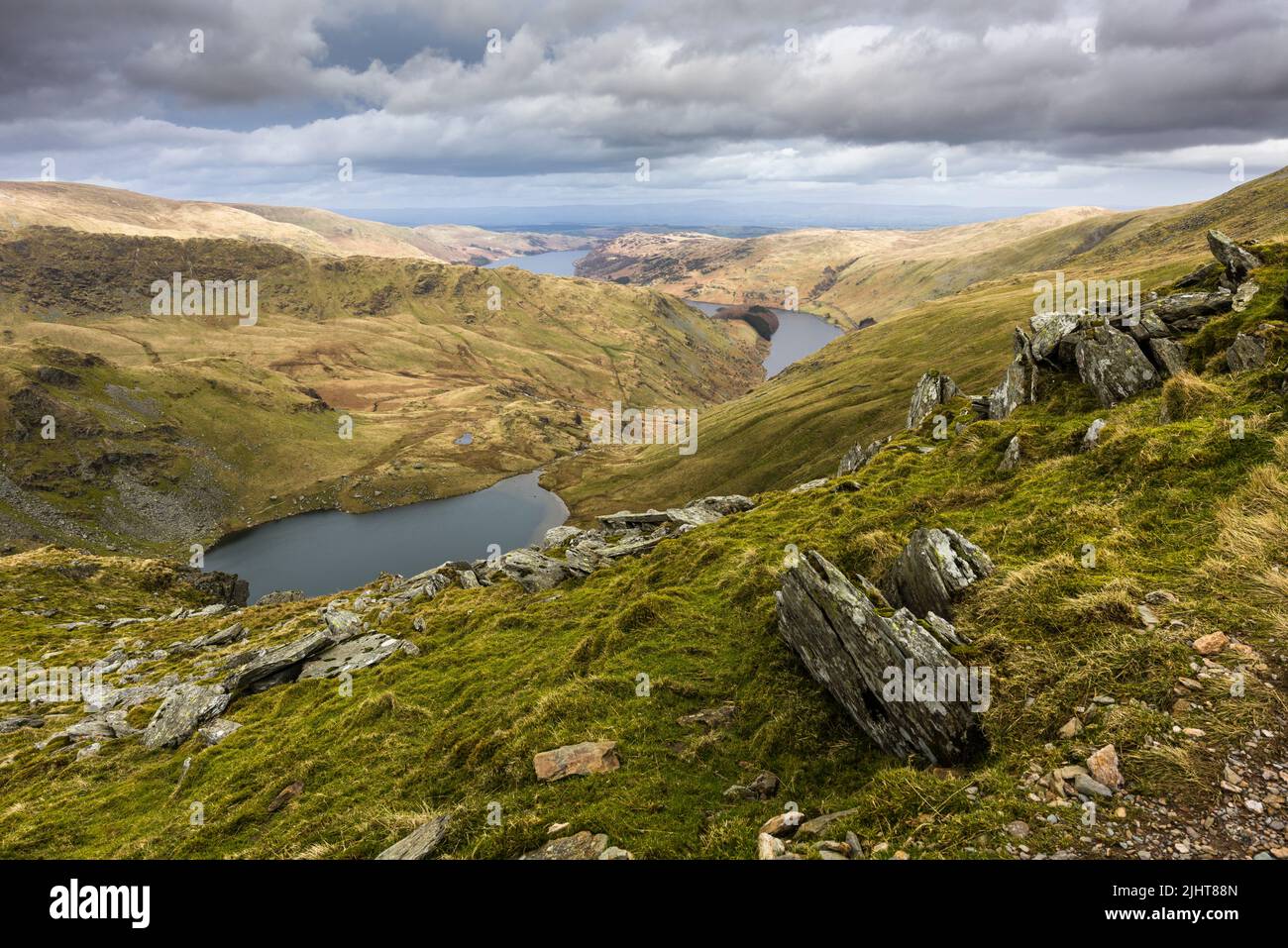 Small Water Tarn and Haweswater Reservoir from Harter Fell in the Lake District National Park, Cumbria, England. Stock Photo