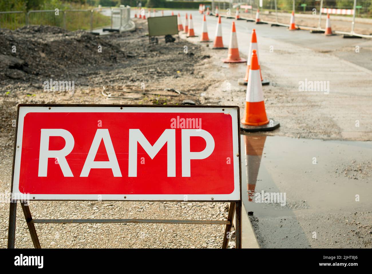 Roadside RAMP Sign with traffic cones and road resurfacing work in the background. Stock Photo