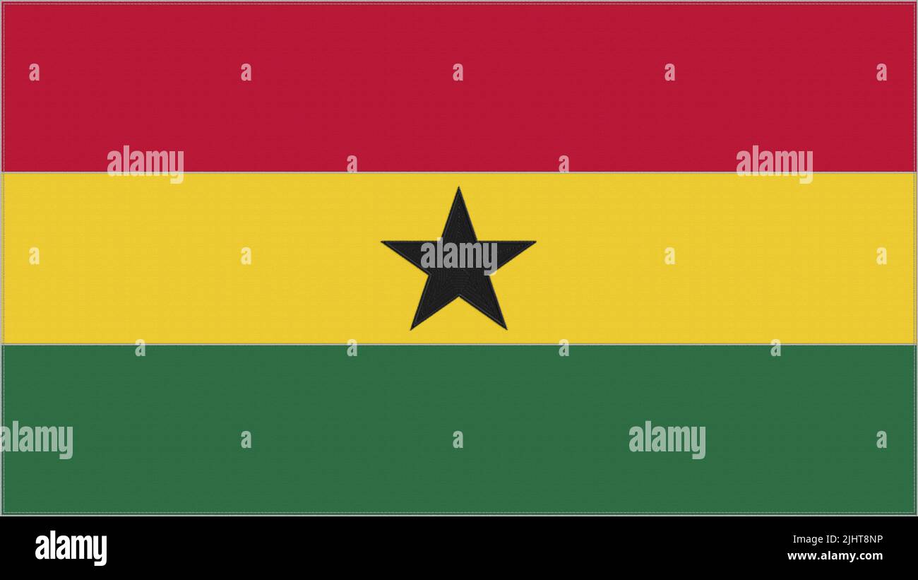 Ghana embroidery flag. Ghanaian emblem stitched fabric. Embroidered