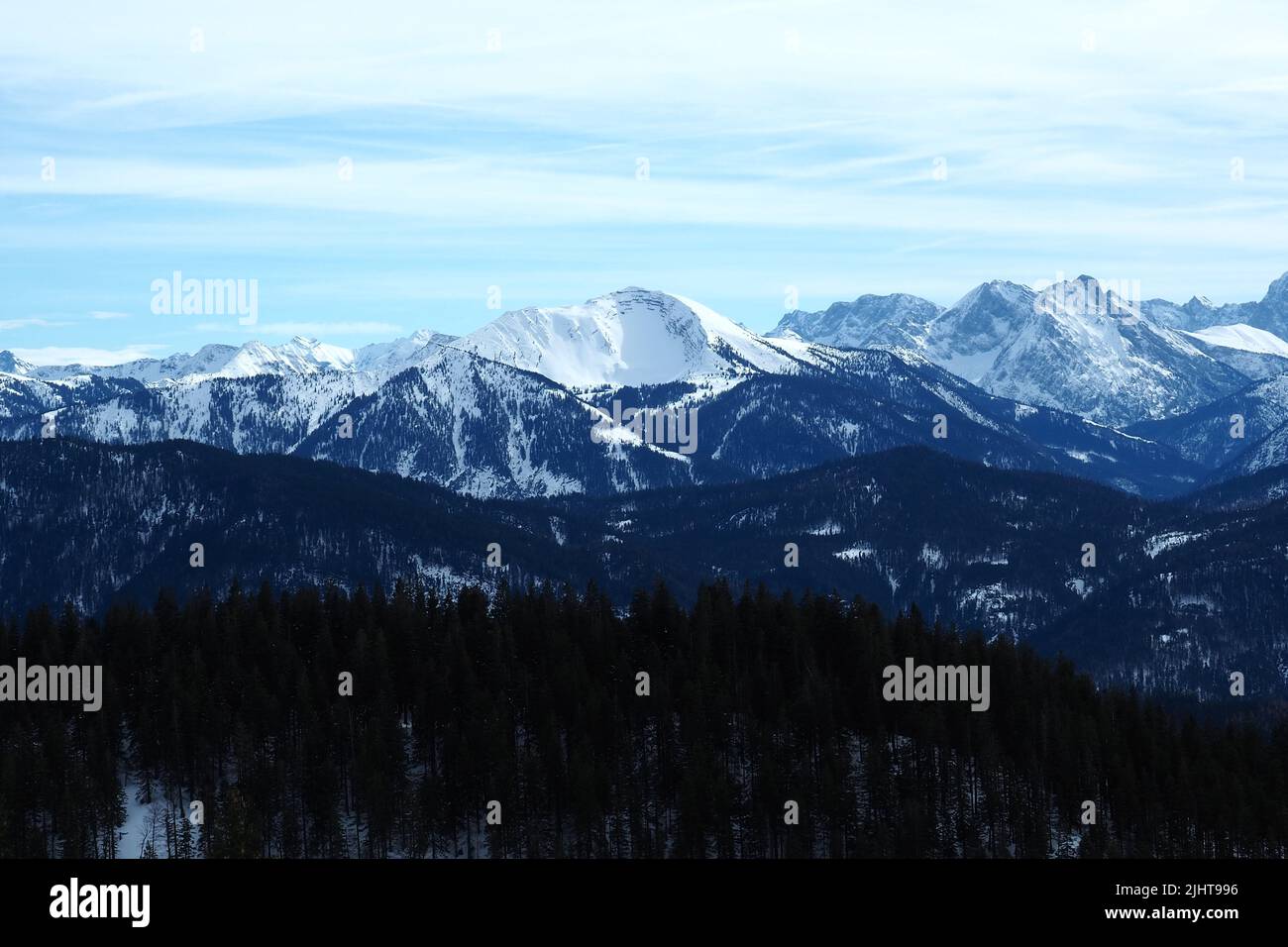 Beautiful Jochberg mountain range in Germany with snowy edges Stock Photo
