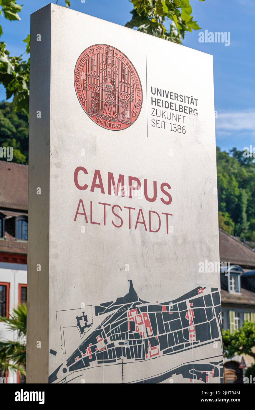 Heidelberg, Germany: June, 2. 2022: Information signboard on the various buildings of Heidelberg University in the historic Old Town Stock Photo