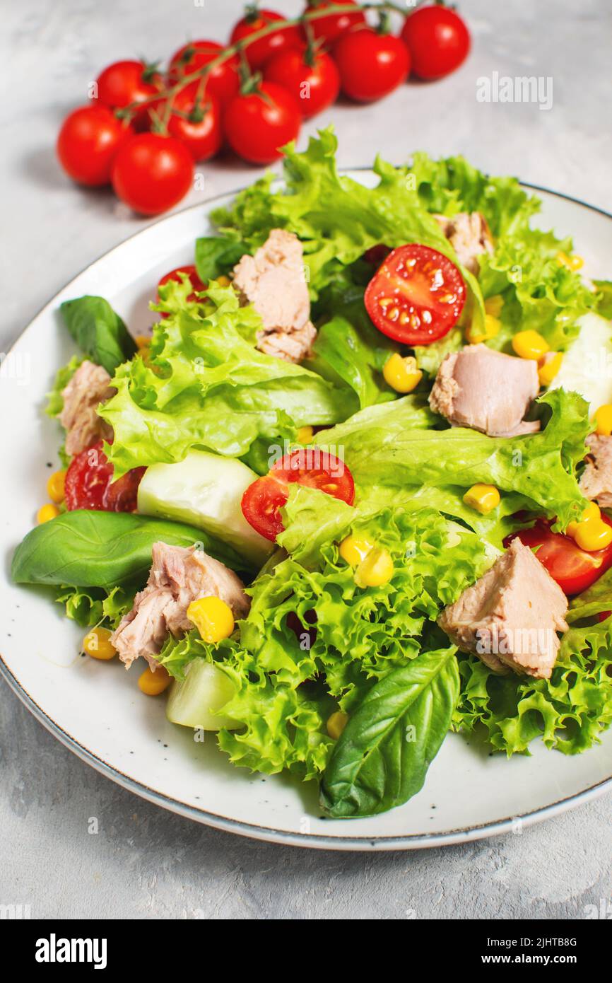 Tuna Fish Salad with Lettuce, Cherry Tomatoes, Cucumber and Corn on a