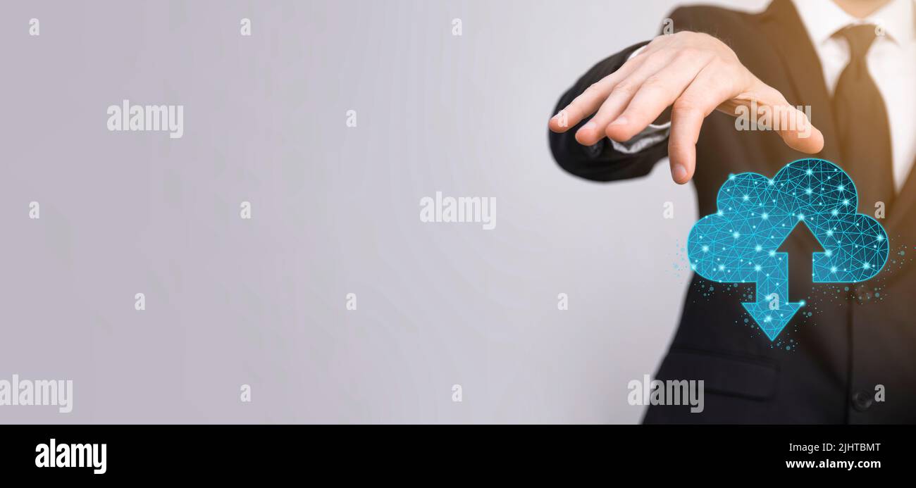 Man hold Cloud icon technology. Polygonal wireframe cloud storage sign with two arrows up and down. Cloud computing, big data center, future infrastru Stock Photo