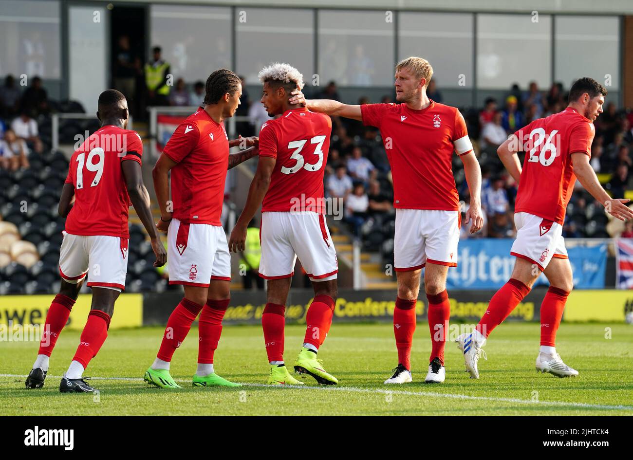 Nottingham Forest's Lyle Taylor (centre) celebrates scoring during a pre-season friendly match at the Pirelli Stadium, Burton upon Trent. Picture date: Wednesday July 20, 2022. Stock Photo