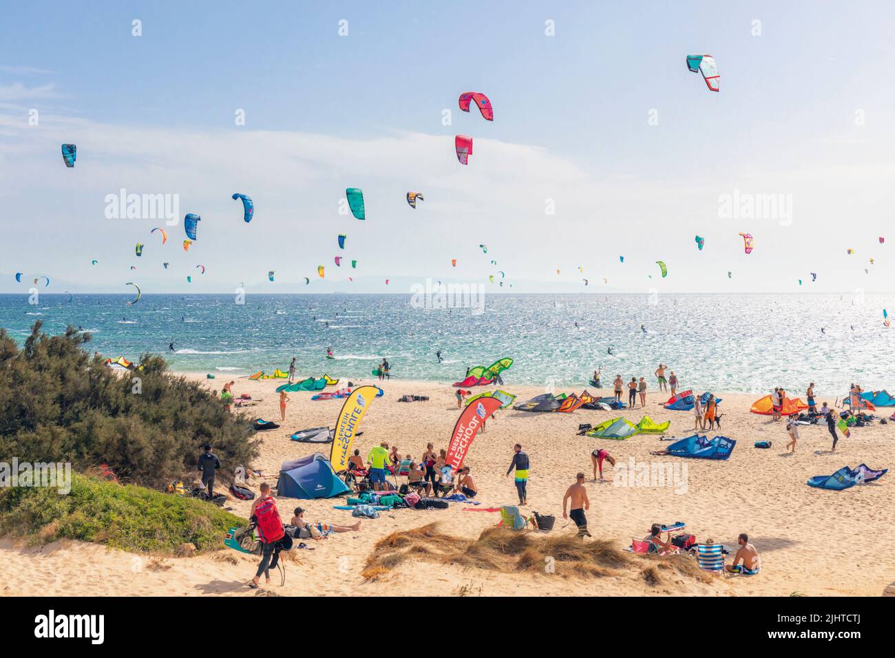 Windsurfers at Valdevaqueros Beach, Punta Paloma, Tarifa, Costa de la Luz, Cadiz Province, Andalusia, southern Spain. Stock Photo
