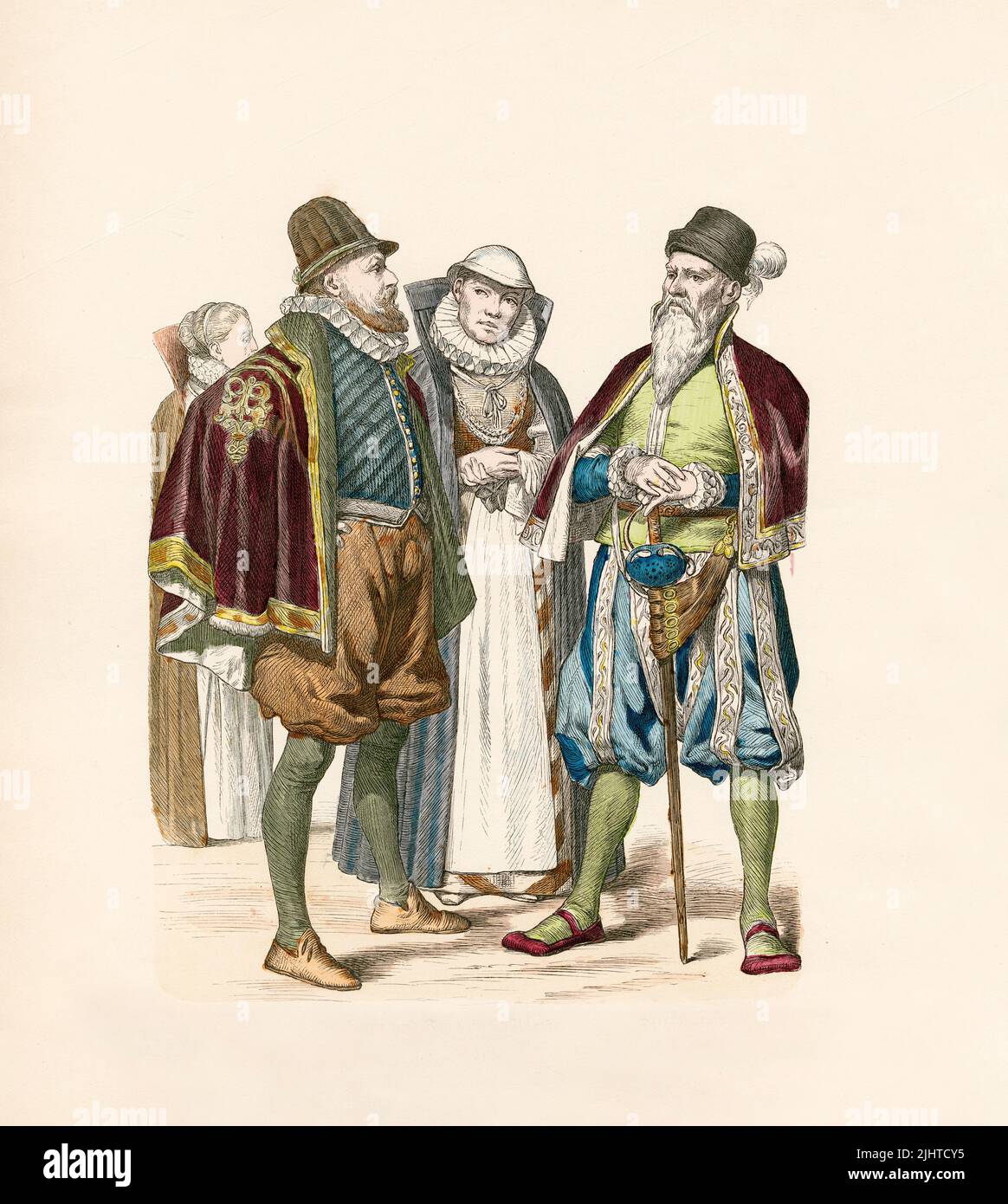 Woman from Rostock, Councilman and Lady from Wismar, Man from Dithmarschen, Germany, 1590, Illustration, The History of Costume, Braun & Schneider, Munich, Germany, 1861-1880 Stock Photo