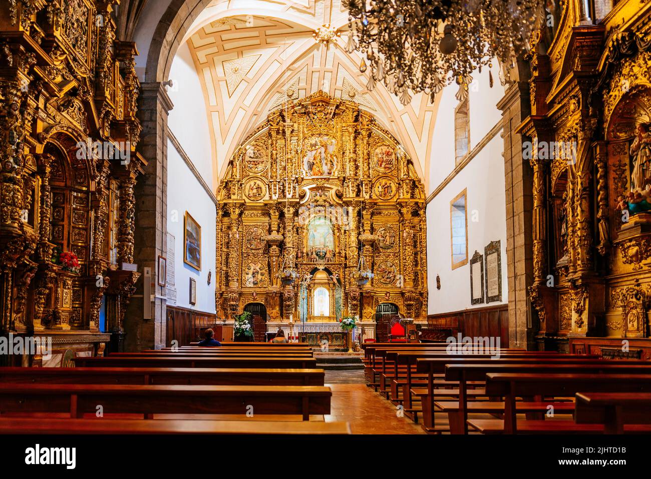 Nave and altarpiece, church of Santa María. Luanco, Gozón, Principality of Asturias, Spain, Europe Stock Photo