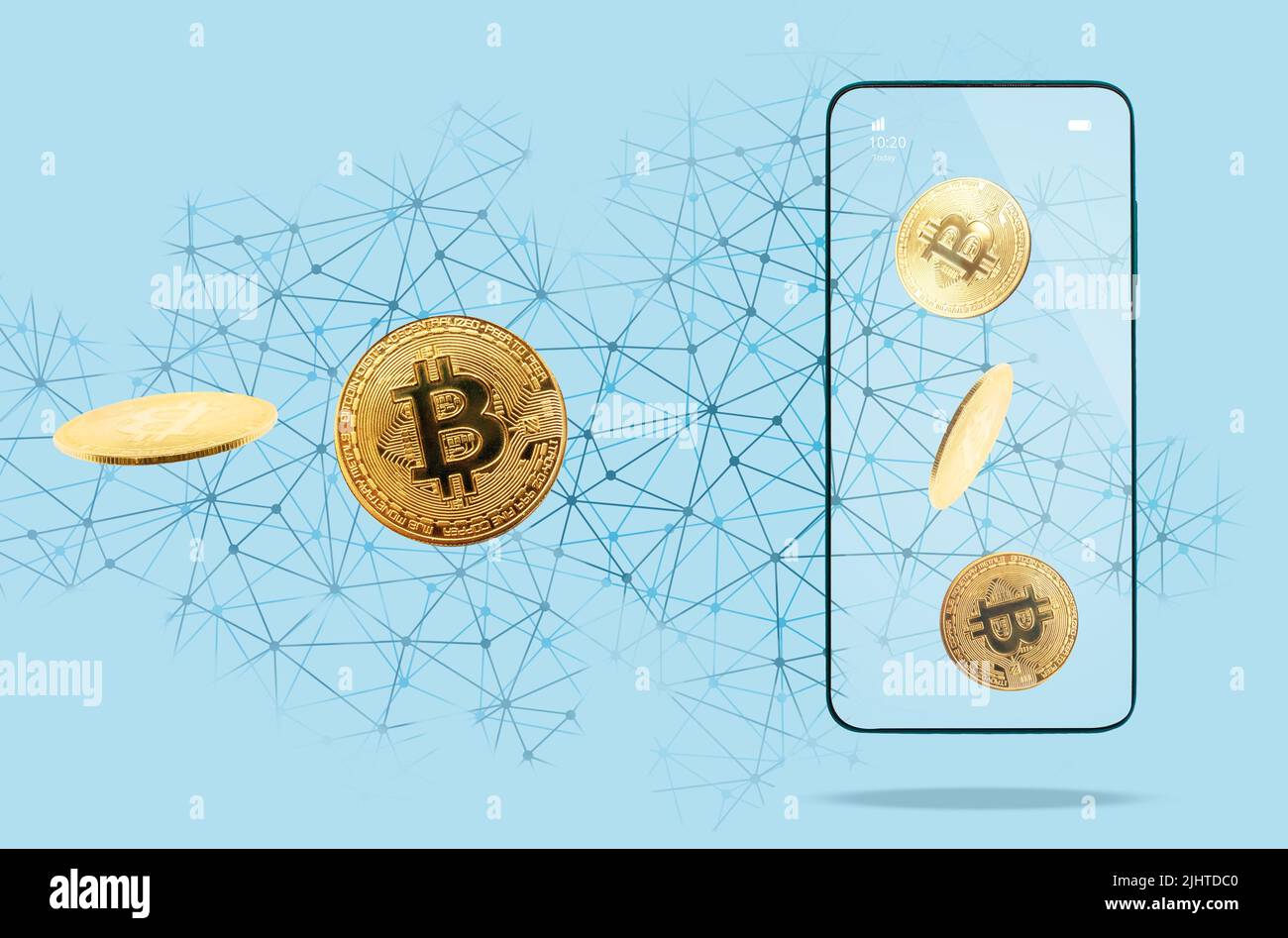 E-commerce and apps. Golden bitcoins sending to smartphone. Bright green  background with digital mesh. Concept of cryptocurrency and virtual trade  Stock Photo - Alamy