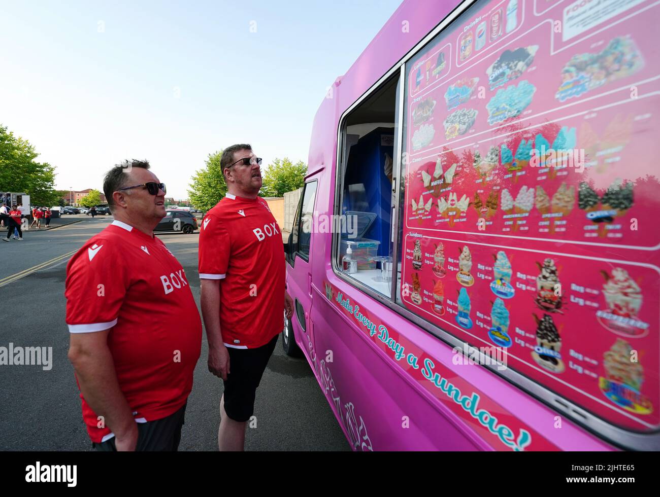 Nottingham Forest fans at an Ice Cream van ahead of the pre-season friendly match at the Pirelli Stadium, Burton upon Trent. Picture date: Wednesday July 20, 2022. Stock Photo
