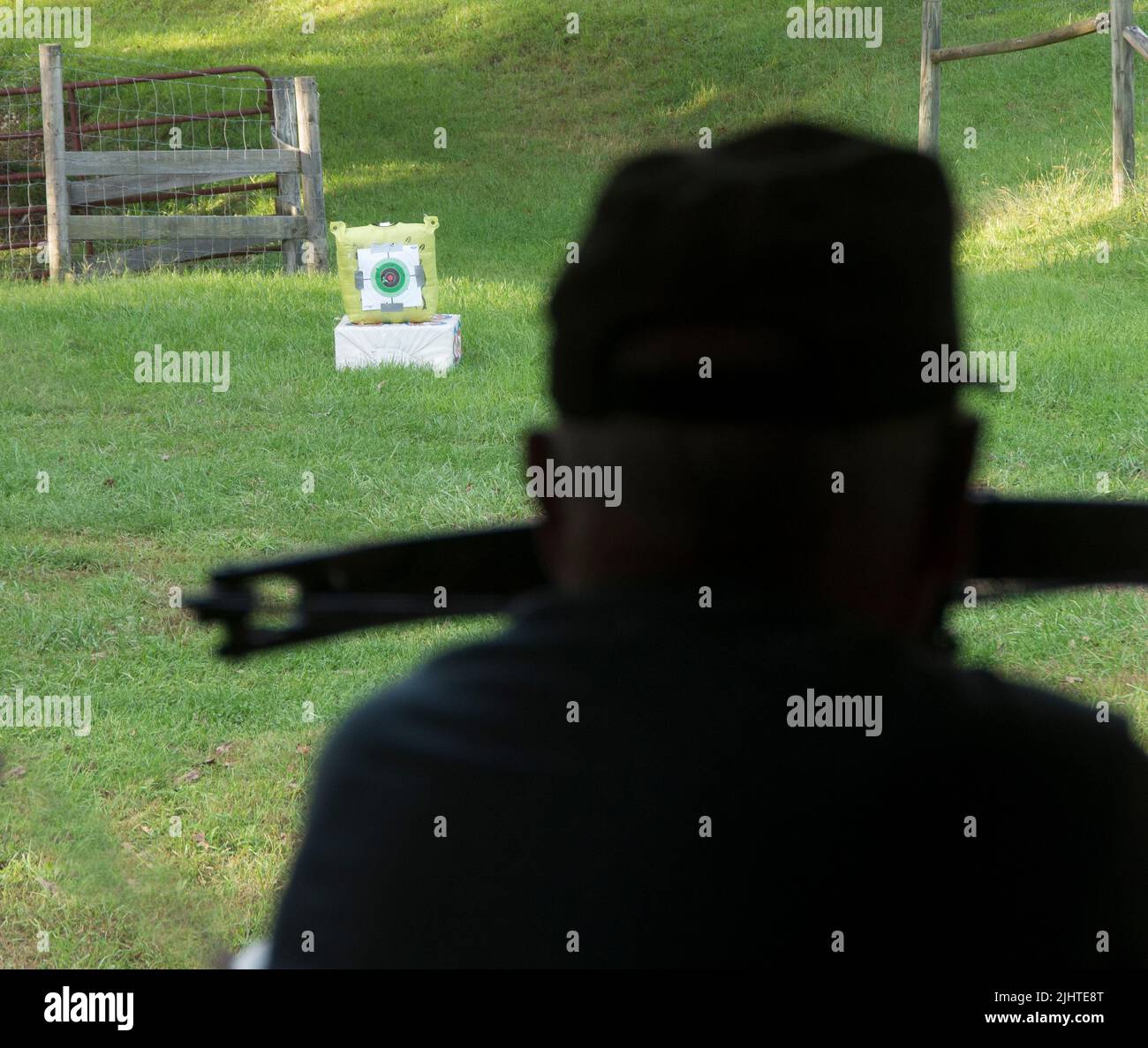 A hunter practices his shooting technique for the Deer Hunting