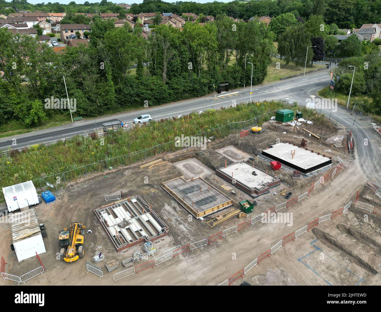 Pontypridd, Wales July 2022 Aerial view of the foundations for new houses on a development in
