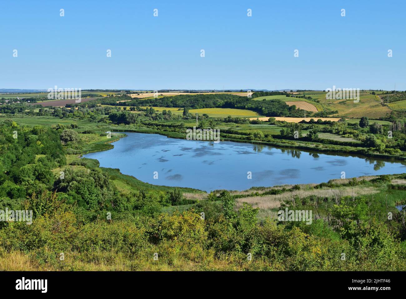 Birds view of Pacsmag Lakes Natural Reserve in Tolna, Hungary on a sunny summer day Stock Photo