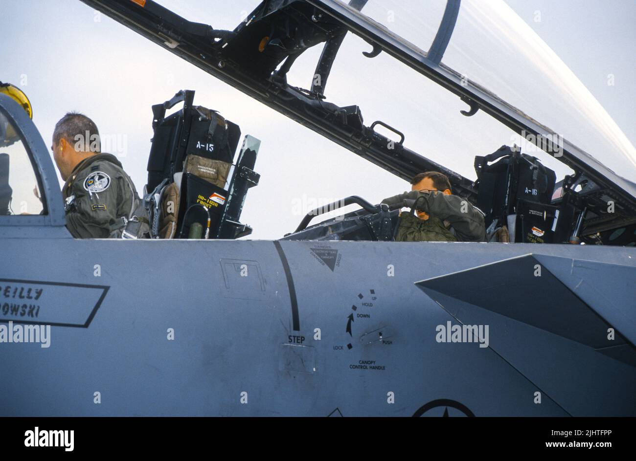 F-15 Eagle aircrew starting aircraft aboard Edwards Air Force Base in California Stock Photo