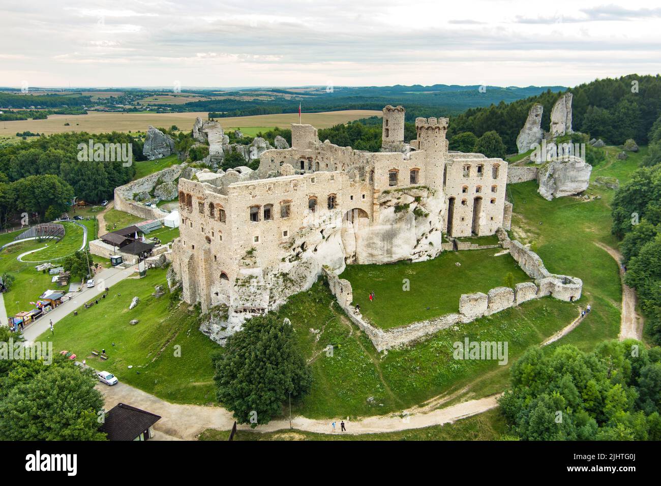 Aerial view of Ogrodzieniec Castle, a ruined medieval castle in the south-central region of Poland, situated on the top of Castle Mountain, the highes Stock Photo