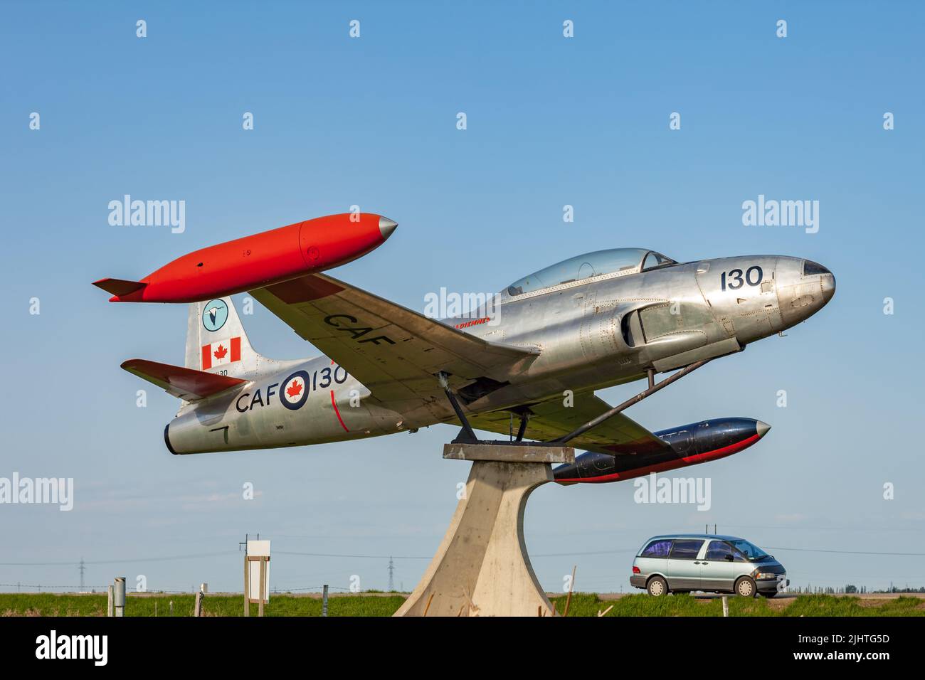 Canadair CT-133 Silver Star airplane exhibited at the Brandon Airport, Manitoba, Canada. Stock Photo