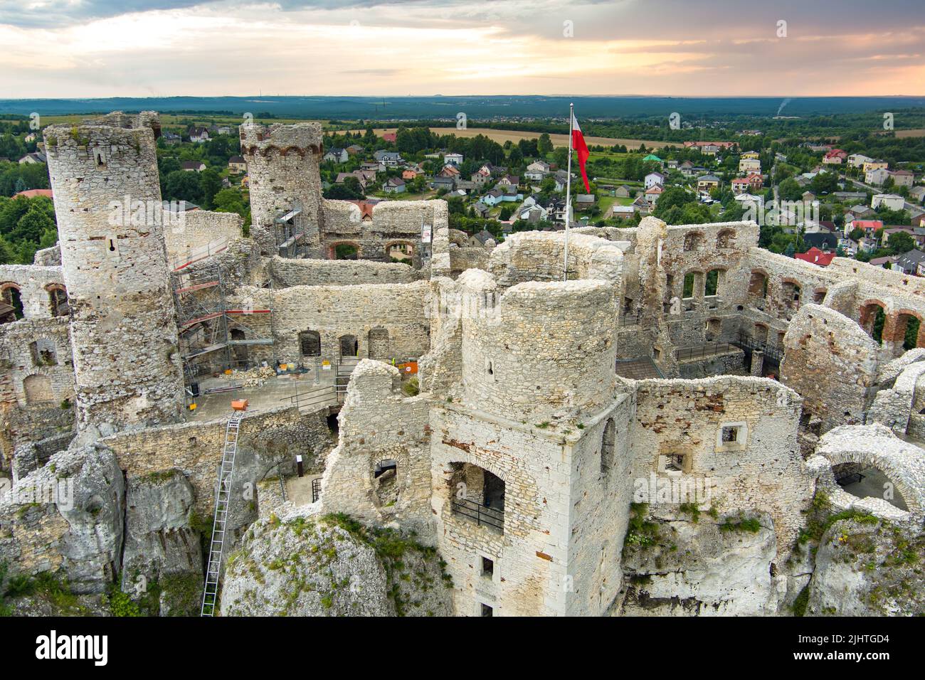 Aerial view of Ogrodzieniec Castle, a ruined medieval castle in the south-central region of Poland, situated on the top of Castle Mountain, the highes Stock Photo