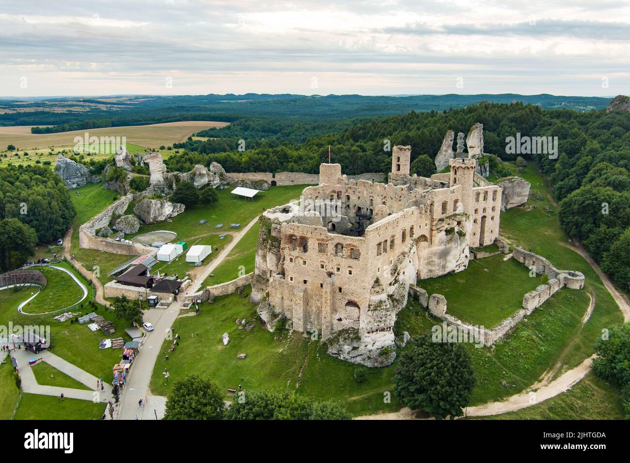 Aerial view of Ogrodzieniec Castle, a ruined medieval castle in the south-central region of Poland, situated on the top of Castle Mountain, the highes Stock Photo