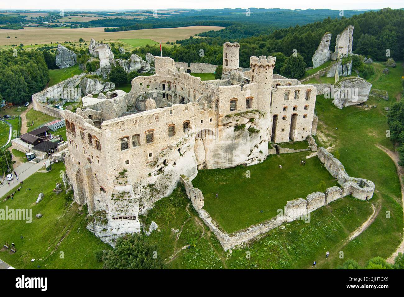 Aerial view of Ogrodzieniec Castle, a ruined medieval castle in the south-central region of Poland, situated on the top of Castle Mountain, the highes Stock Photo