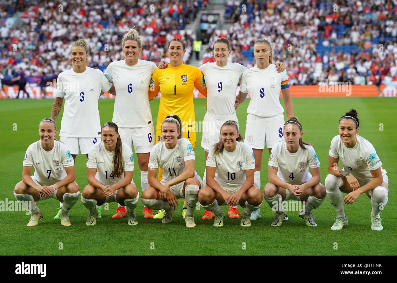 England players, back row left to right, Rachel Daly, Millie Bright, Mary Earps, Ellen White and Leah Williamson. Front row left to right, Beth Mead, Fran Kirby, Lauren Hemp, Georgia Stanway, Keira Walsh and Lucy Bronze line up before the UEFA Women's Euro 2022 Quarter Final match at the Brighton & Hove Community Stadium. Picture date: Wednesday July 20, 2022. Stock Photo