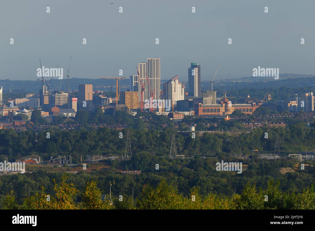 A view of Leeds City Skyline from Rothwell. Leeds Bradford Airport can just be seen on the horizon top right. Stock Photo