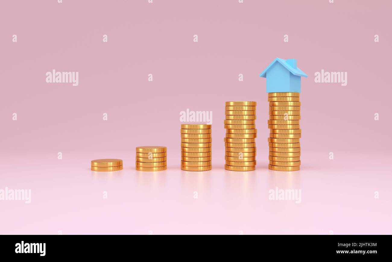 The chose one House Model on Top of Stack of Coins. Real Estate Market Growth concept. 3D rendering. Stock Photo