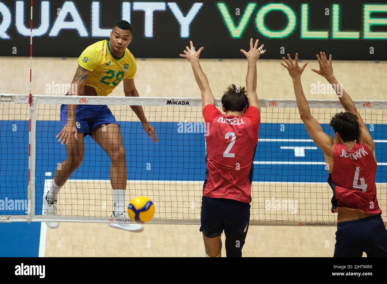 Unipol Arena, Bologna, Italy, July 20, 2022, Spike of Darlan Souza Ferreira (BRA)  during  Volleyball Nations League Man Finals - Brasil VS USA - Volleyball Intenationals Stock Photo