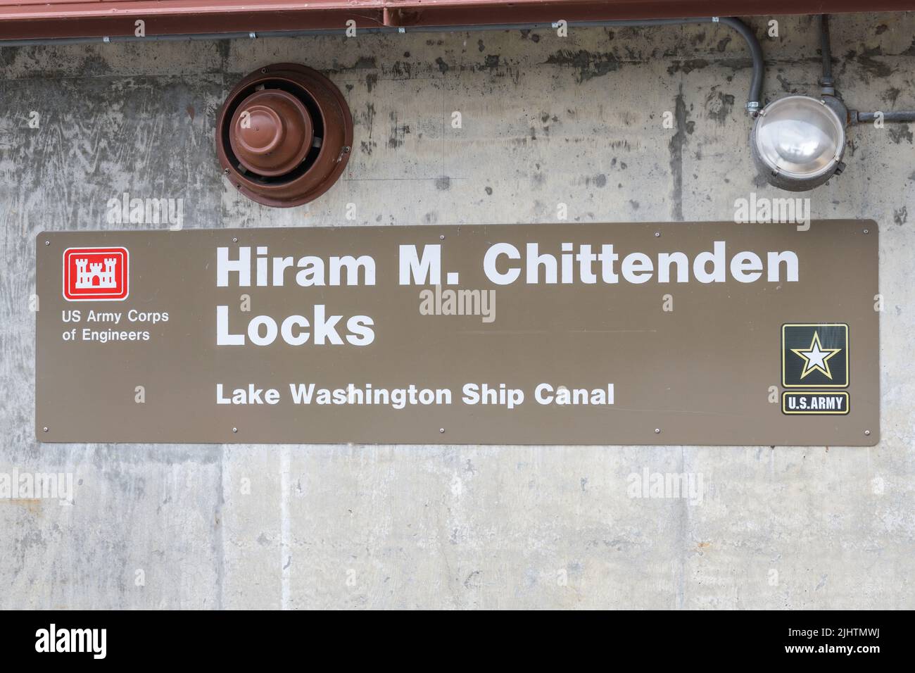Seattle - July 18, 2022; Sign for the Hiram M. Chittenden Locks also known as the Ballard Locks from the adjoining neighborho Stock Photo