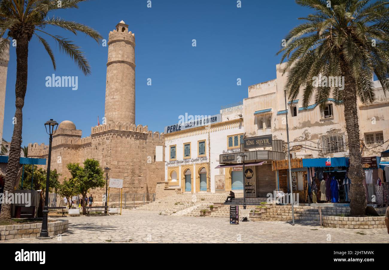 The main tower of the Ribat of Sousse in Tunisia.  The fortress, located within the ancient Medina of Sousse,  dates back to the 9th century. Stock Photo