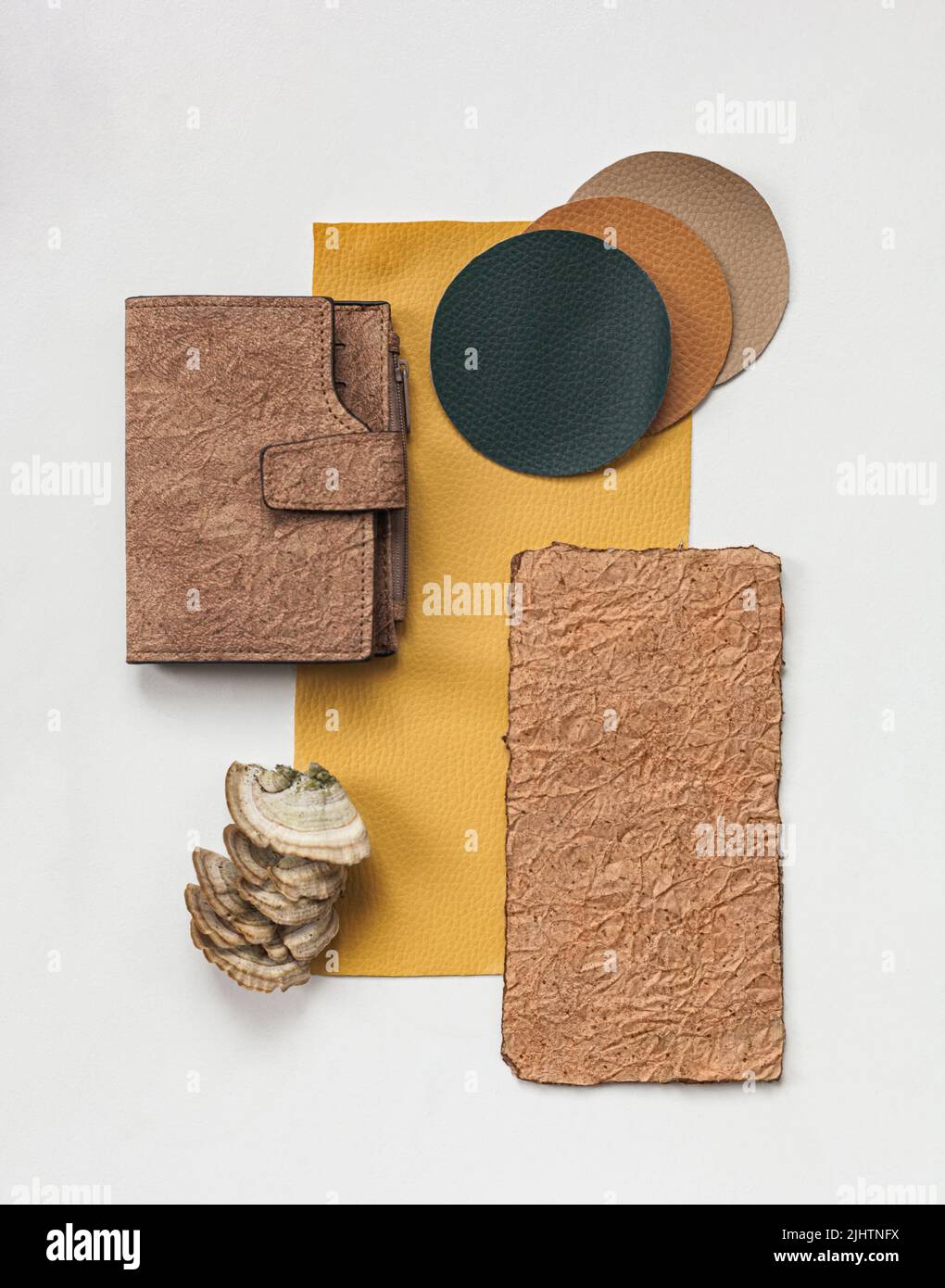 Vegan leather wallet made from mushroom mycelium, vegan bio leather samples top view, eco