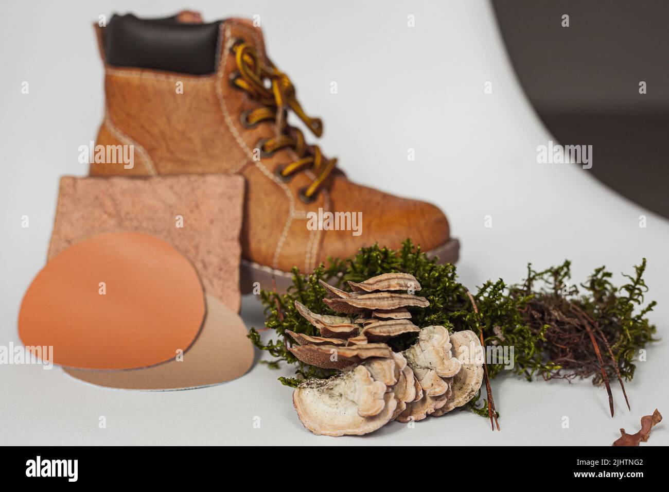 Vegan leather shoes from mushroom mycelium. samples of vegan bio leather, eco friendly concept