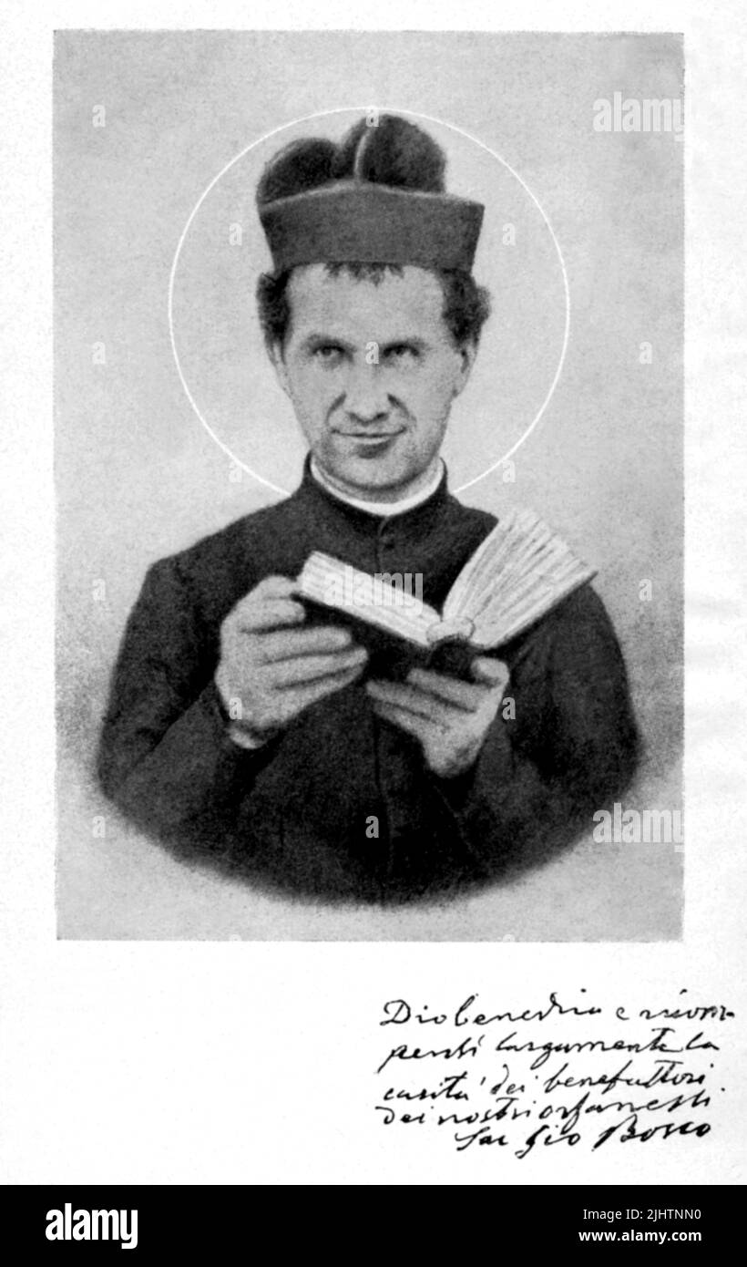 1861 ca, ITALY : The italian Saint  Don GIOVANNI BOSCO ( 1815 - 1888 ). Portrait by BARTOLOMEO BELLISIO . - SANTO - RELIGIONE CATTOLICA - CATHOLIC RELIGION - blessed - collar - colletto - prelato - prete - priest - aureola - aureole - portrait - ritratto - illustrazione - Roman Catholic Church - reader - lettore - breviario - HISTORY - FOTO STORICHE - autografo - signature - firma - autograph ---  Archivio GBB Stock Photo
