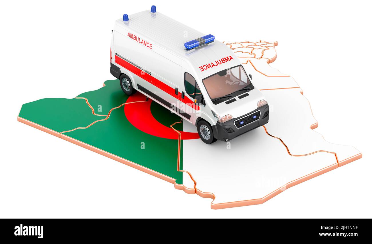 Emergency medical services in Algeria. Ambulance van on the Algerian map. 3D rendering isolated on white background Stock Photo