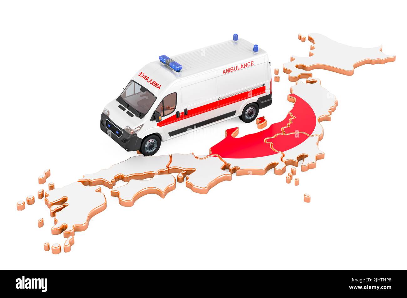Emergency medical services in Japan. Ambulance van on the Japanese map. 3D rendering isolated on white background Stock Photo