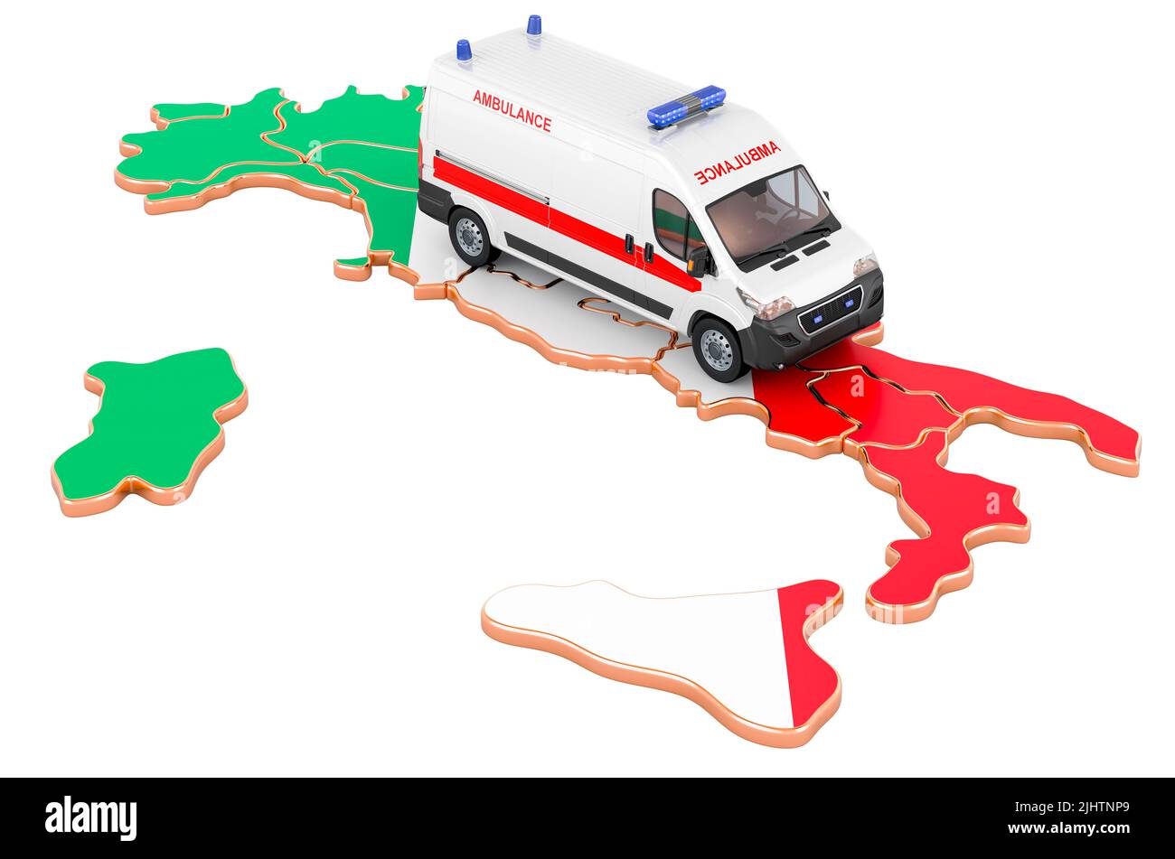 Emergency medical services in Italy. Ambulance van on the Italian map. 3D rendering isolated on white background Stock Photo
