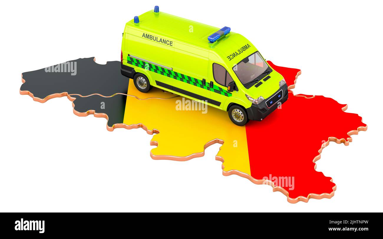 Emergency medical services in Belgium. Ambulance van on the Belgian map. 3D rendering isolated on white background Stock Photo
