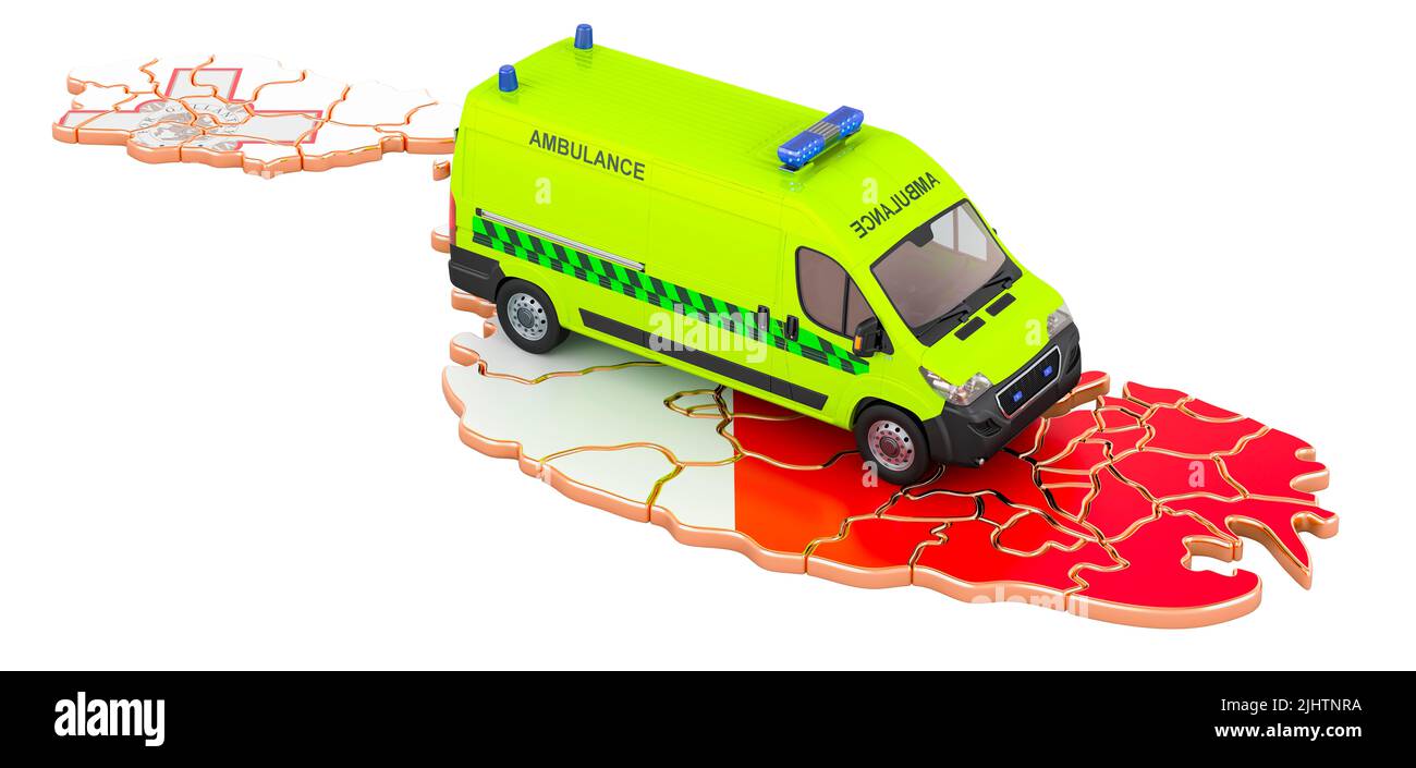 Emergency medical services in Malta. Ambulance van on the Maltese  map. 3D rendering isolated on white background Stock Photo