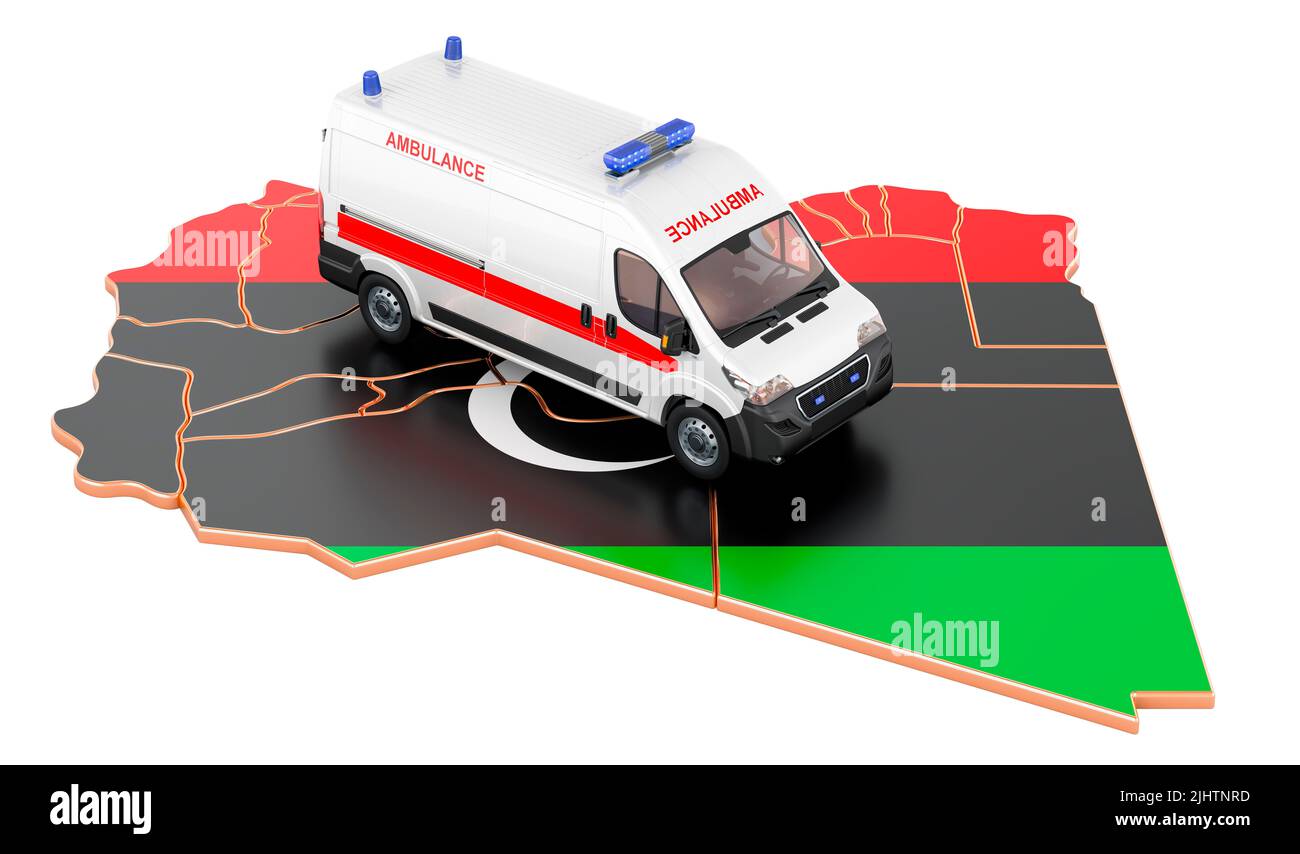 Emergency medical services in Libya. Ambulance van on the Libyan map. 3D rendering isolated on white background Stock Photo