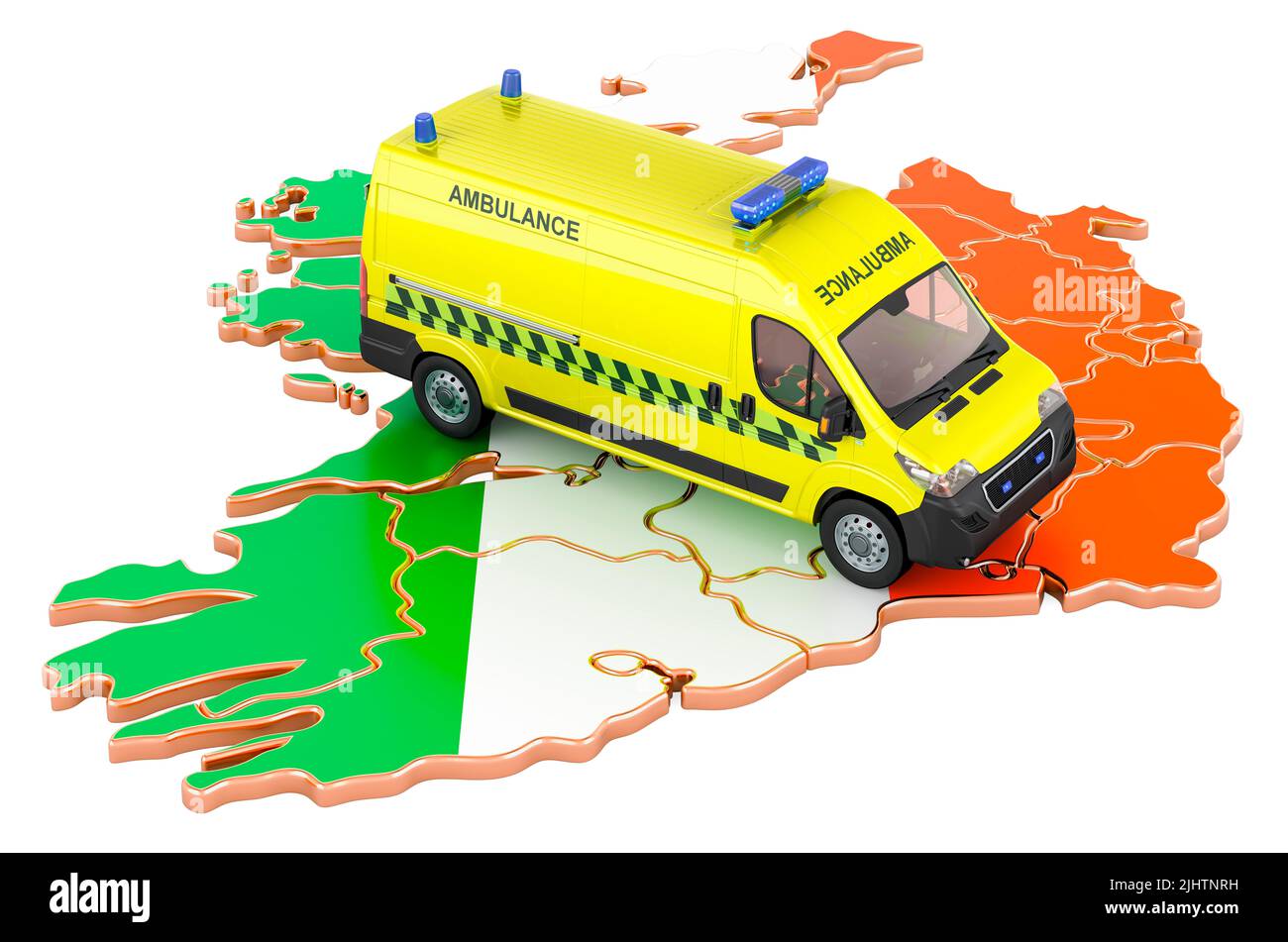 Emergency medical services in Ireland. Ambulance van on the Irish map. 3D rendering isolated on white background Stock Photo