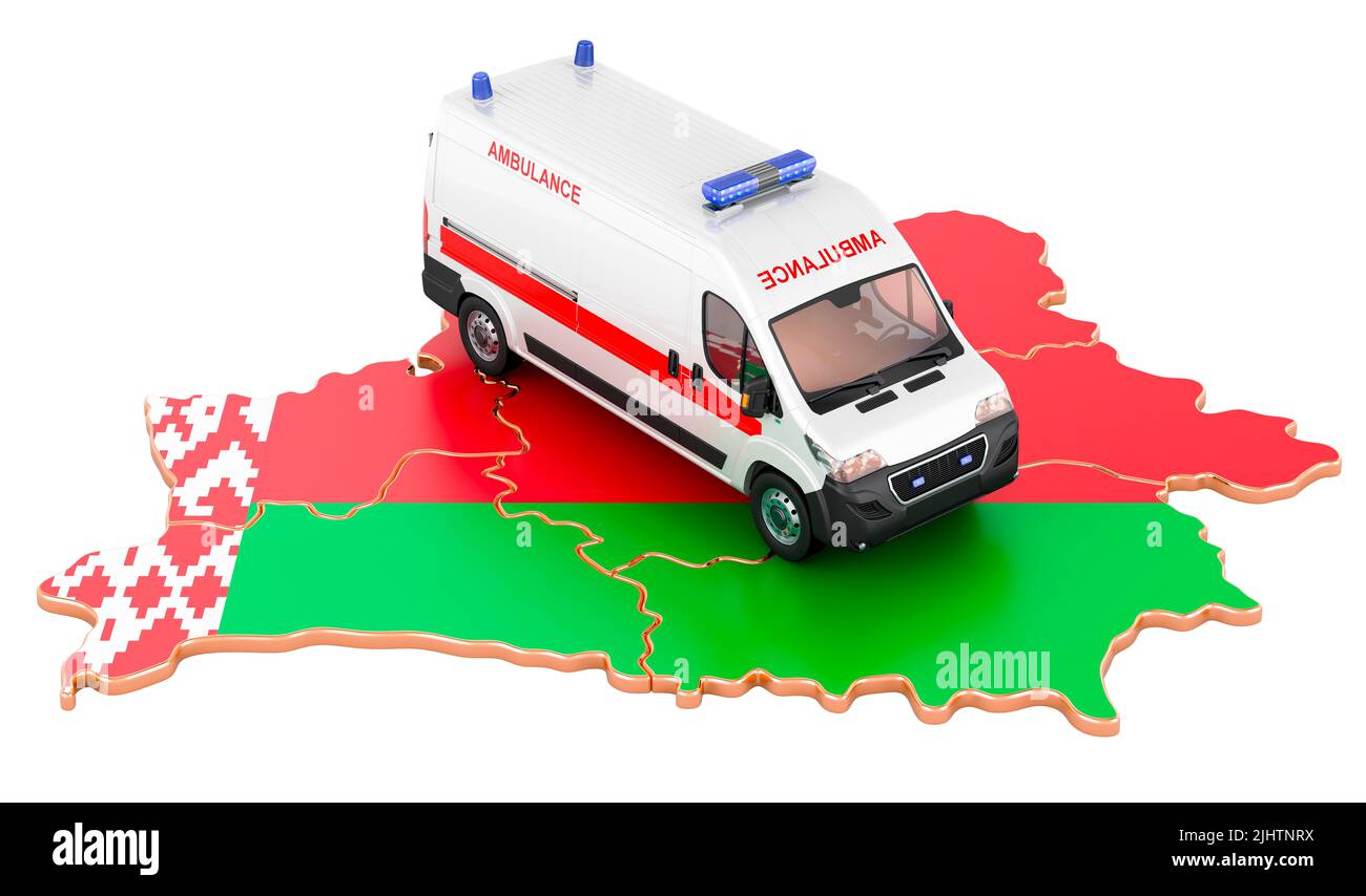 Emergency medical services in Belarus. Ambulance van on the Belarusian map. 3D rendering isolated on white background Stock Photo