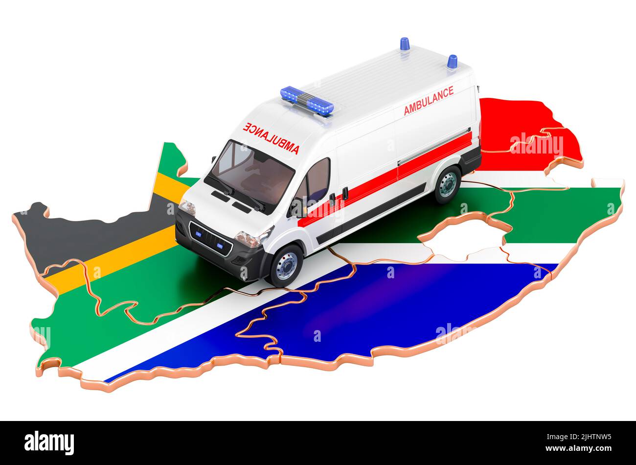 Emergency medical services in South Africa. Ambulance van on the South African map. 3D rendering isolated on white background Stock Photo