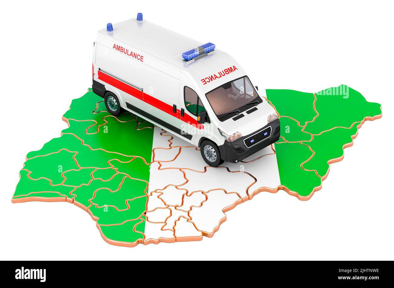 Emergency medical services in Nigeria. Ambulance van on the Nigerian map. 3D rendering isolated on white background Stock Photo
