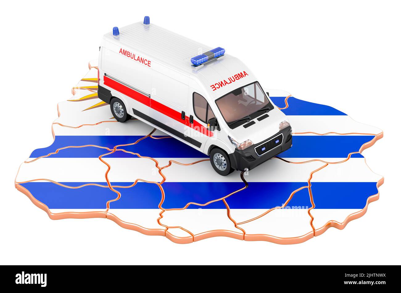 Emergency medical services in Uruguay. Ambulance van on the Uruguayan map. 3D rendering isolated on white background Stock Photo