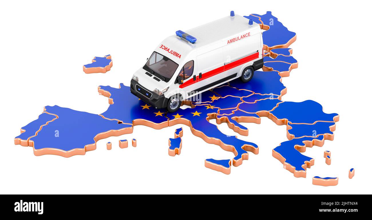 Emergency medical services in the European Union. Ambulance van on the The EU map. 3D rendering isolated on white background Stock Photo
