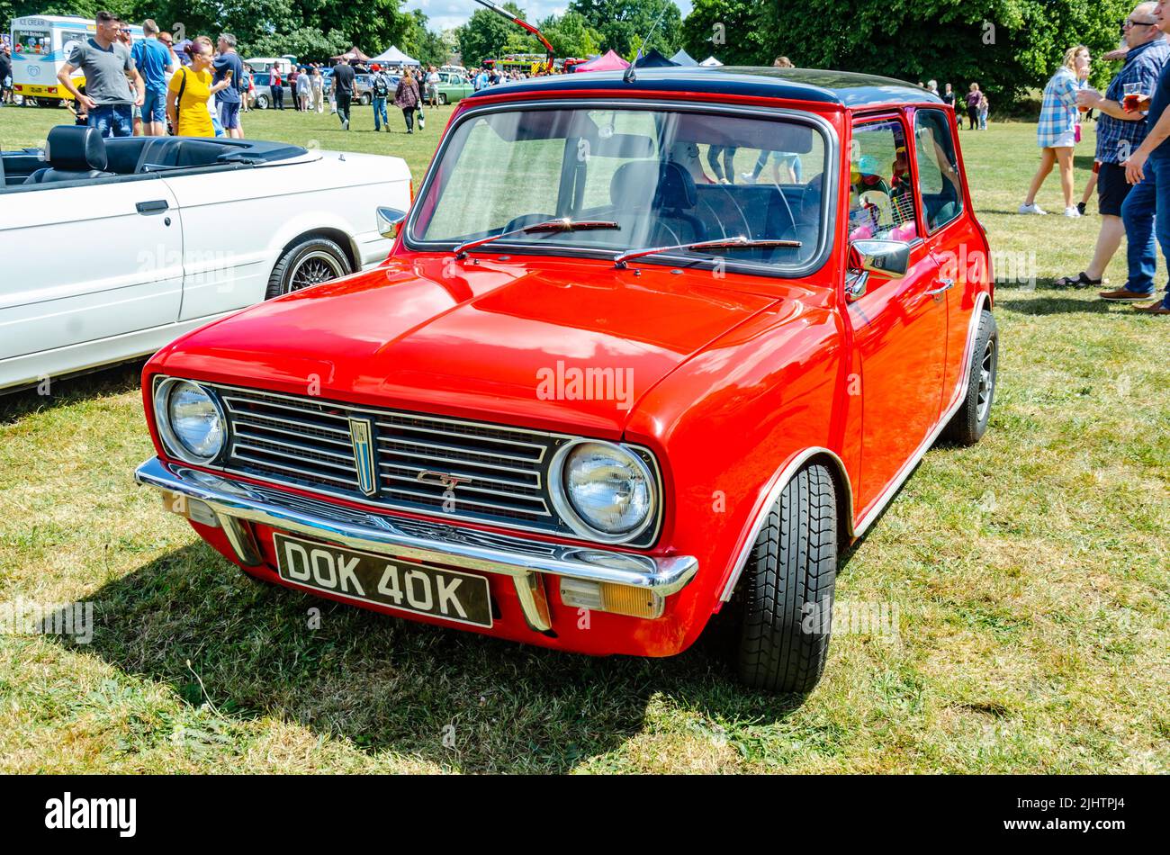 Front view of a 1971 Austin Mini in red at The Berkshire Motor Show in Reading, UK Stock Photo