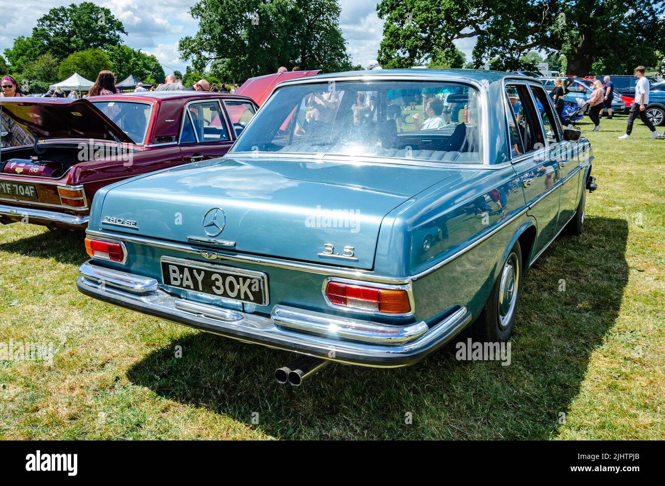 Rear view of a Mercedes Benz 280 SE 3.5 at The Berkshire Motor Show in Reading, UK Stock Photo