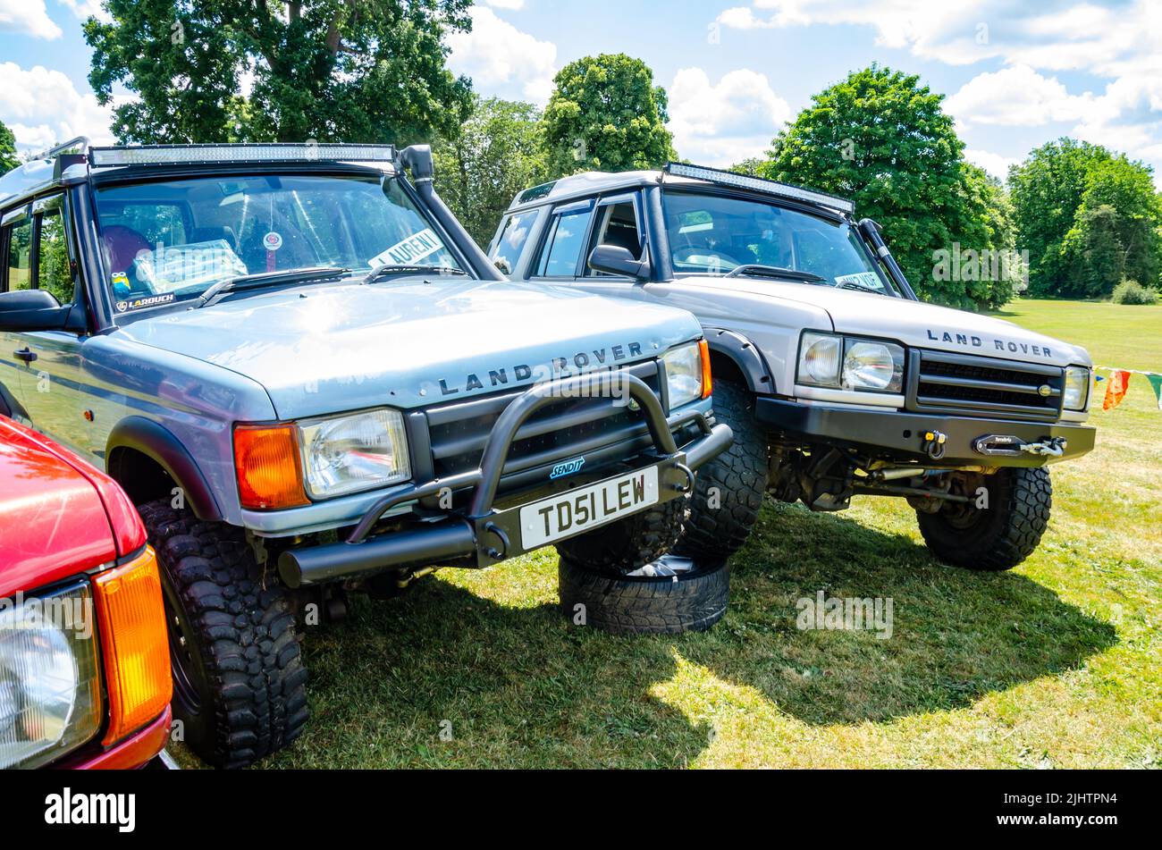A collection of Land Rover and Range Rover 4x4 all-terrain off-road vehicles at The Berkshire Motor Show in Reading, UK Stock Photo