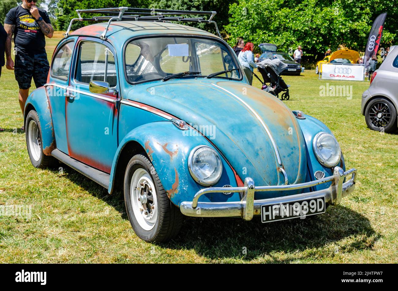 Front of a blue 1966 VW Beetle in need of some restoration at The Berkshire Motor Show in Reading, UK Stock Photo