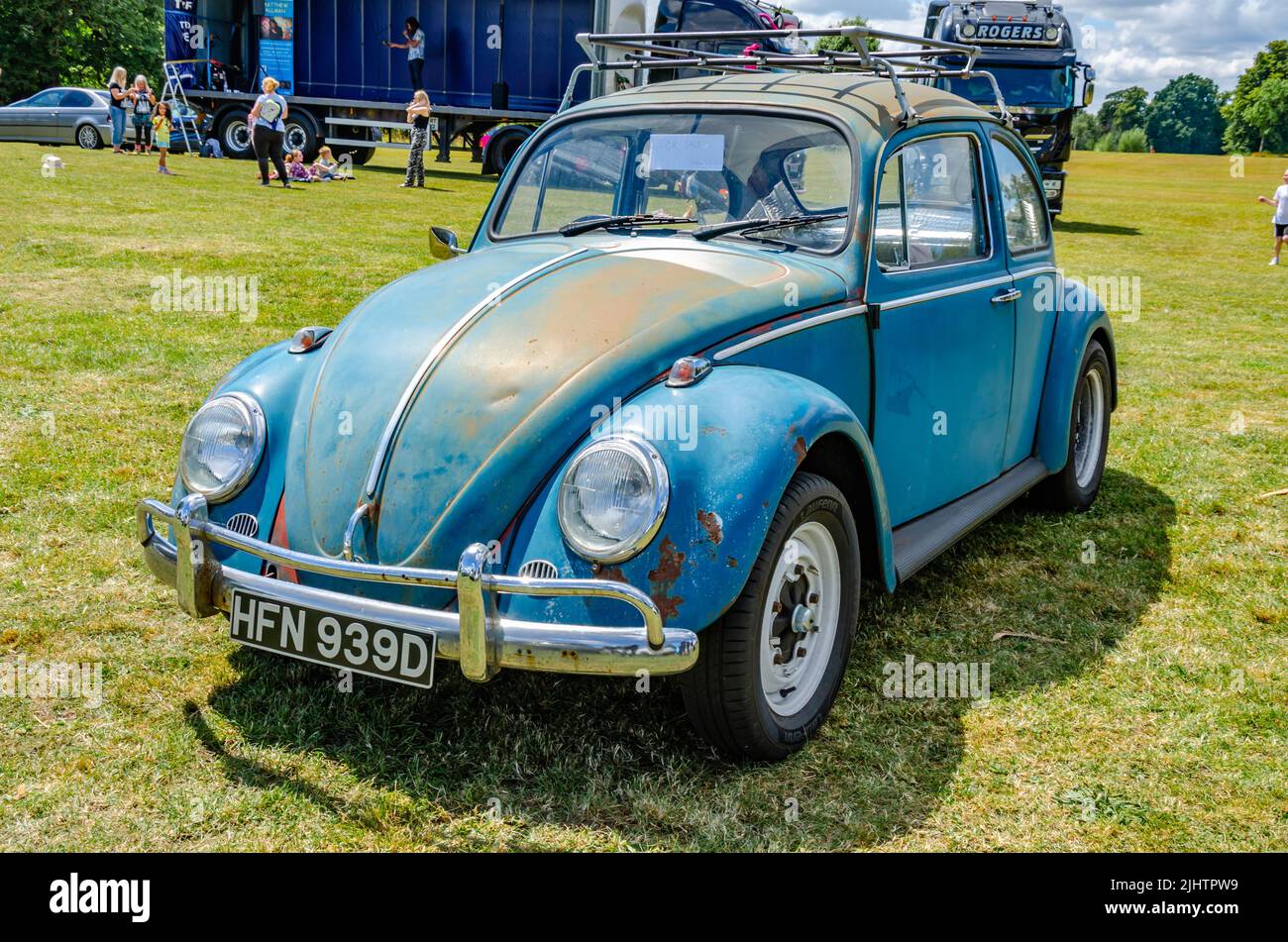 Front of a blue 1966 VW Beetle in need of some restoration at The Berkshire Motor Show in Reading, UK Stock Photo